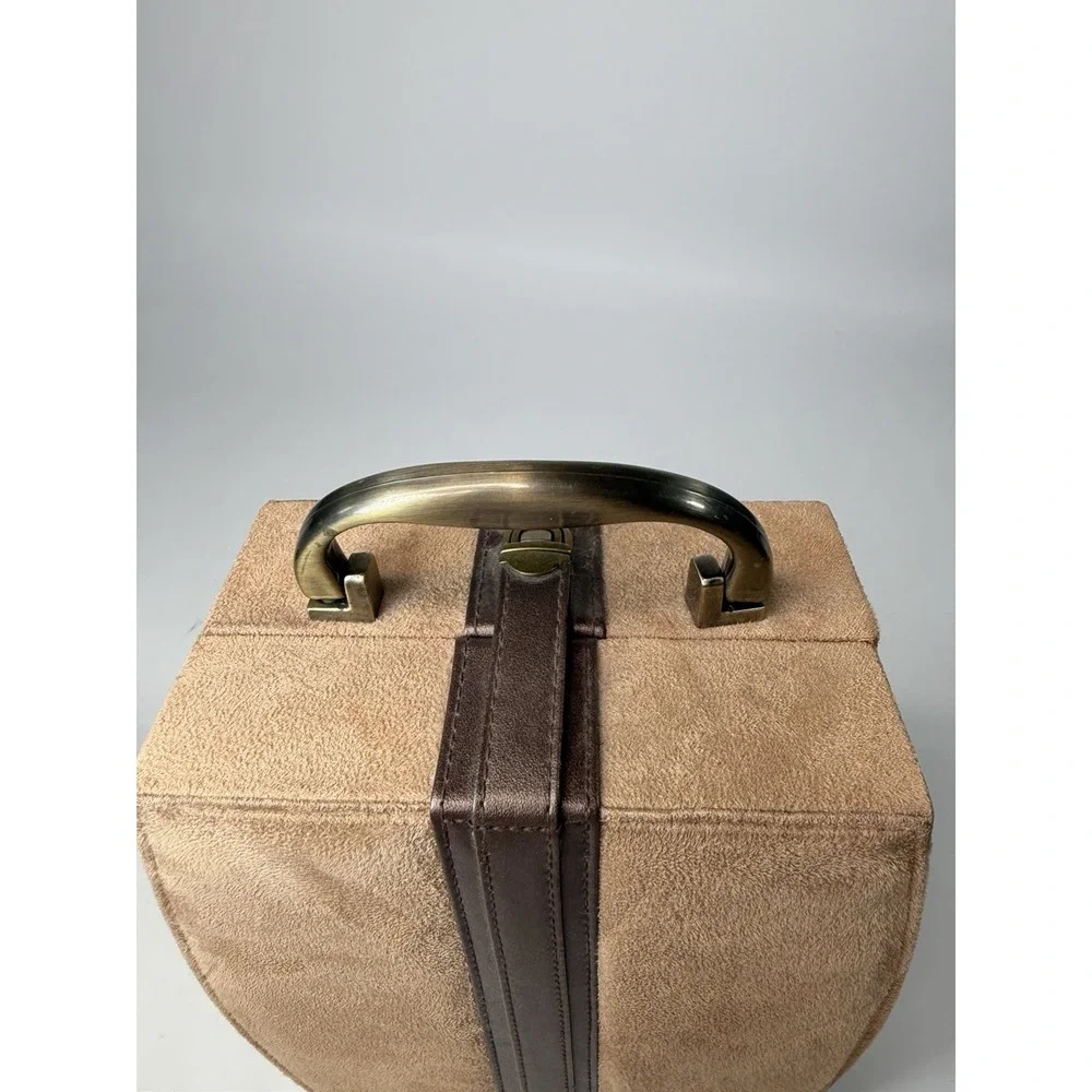 Vintage 1960s Travel Jewelry Case Valet Box Faux Suede Brown Tan Mirror